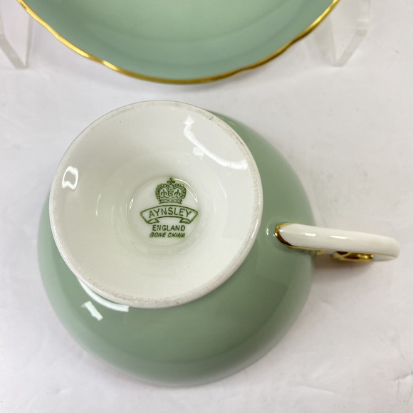 Sage Green Pedestal with Gold Leaf Design Aynsley Tea Cup and Saucer Set - Picture 11 of 13